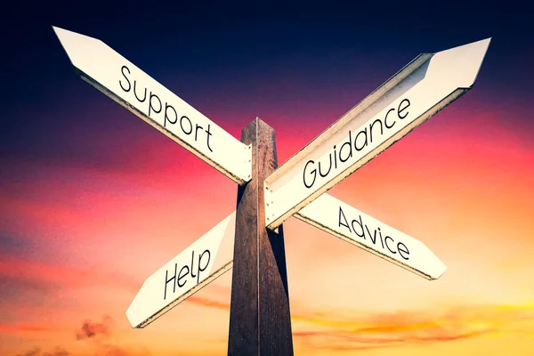 Help Support Advice Guidance Concept Signpost Four Arrows — 스톡 사진