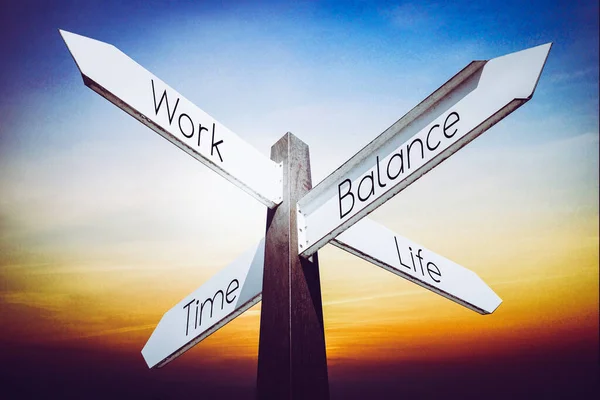 Work Balance Concept Signpost Four Arrows — 图库照片