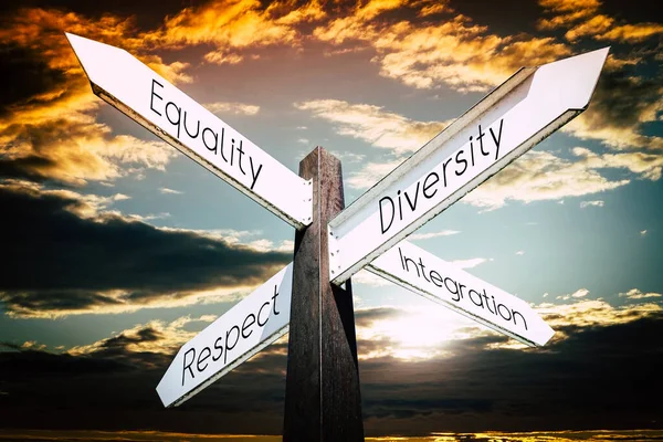 Diversity Equality Respect Integration Concept Signpost Four Arrows — ストック写真