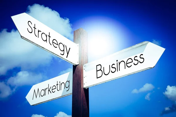 Strategy Business Marketing Concept Signpost Three Arrows — Stock Photo, Image