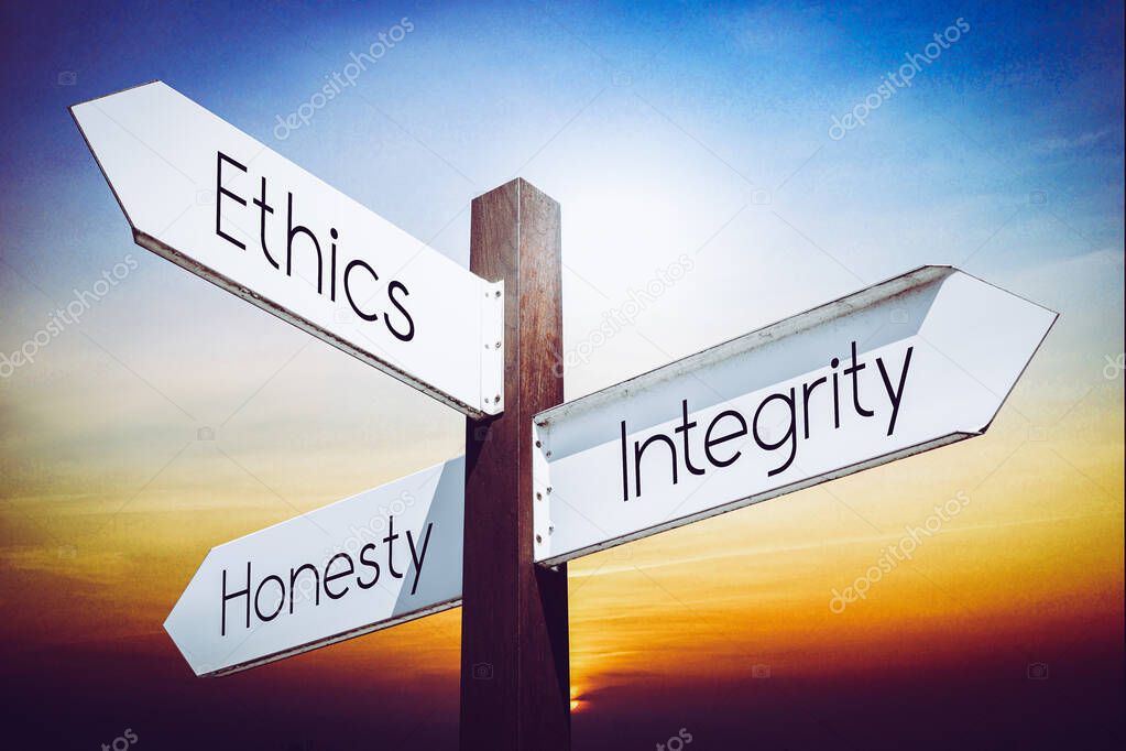 Ethics, integrity, honesty concept - signpost with three arrows