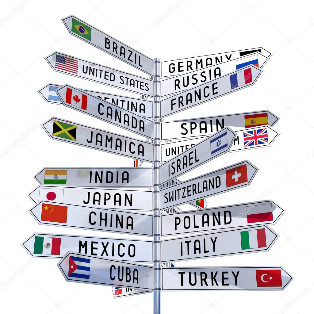 Signpost with national flags of different countries, white background - 3D illustration