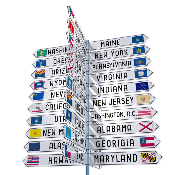 Signpost with different states in the USA, white background - 3D illustration