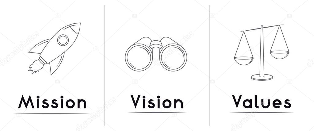 Mission, vision, values concept - three icons - vector illustration