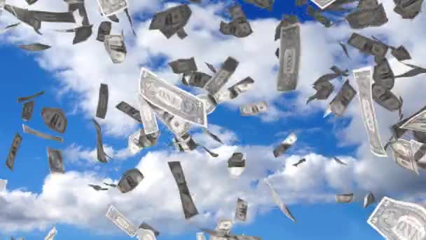 Düşen Dolarlık Banknotlar Yağmur Etkisi Arka Planda Gökyüzü Finansal Başarı — Stok video