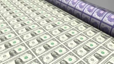 Bir dolarlık banknotlar basmak - finans, ekonomi, iş gibi konular için harika. - 3D 4k animasyon (3840x2160 px).