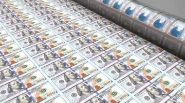 100 dolarlık banknotlar basmak - finans, ekonomi, iş gibi konular için harika. - 3D 4k animasyon (3840x2160 px).