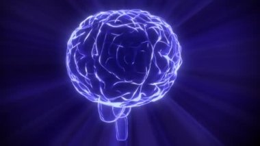 Dönen insan beyin hologramı, ışık ışınları - düşünme süreci, yapay zeka konsepti - 3840x2160 px).