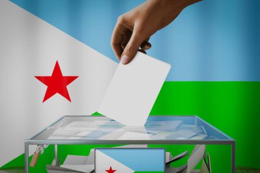 Cibuti bayrağı, oy pusulasını bir sandığa atmak - oy kullanma, seçim konsepti - 3 boyutlu illüstrasyon