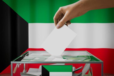 Kuveyt bayrağı, oy pusulasını sandığa atmak - oy kullanma, seçim konsepti - 3 boyutlu illüstrasyon