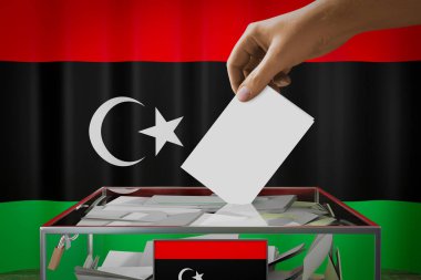 Libya bayrağı, oy pusulasını sandığa atmak - oy kullanma, seçim konsepti - 3D illüstrasyon