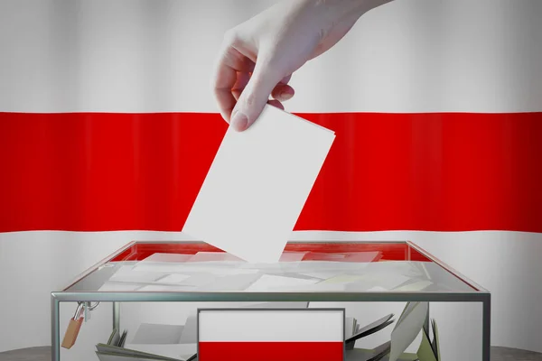 Vitryssland Flagga Hand Släppa Valsedel Kort Ruta Omröstning Val Koncept — Stockfoto