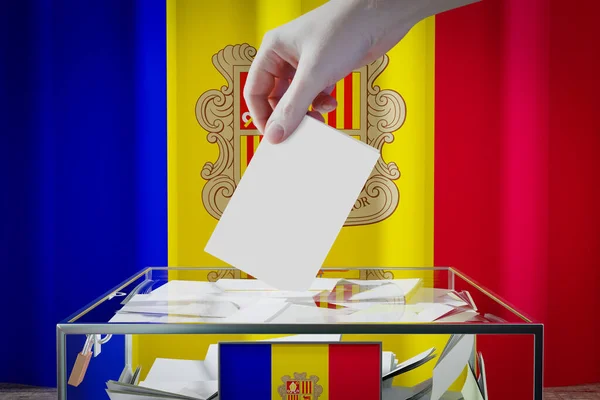 Bandera Andorra Mano Dejando Caer Tarjeta Votación Una Caja Votación — Foto de Stock