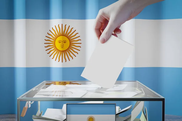 Bandeira Argentina Mão Soltando Cartão Cédula Uma Caixa Votação Conceito — Fotografia de Stock