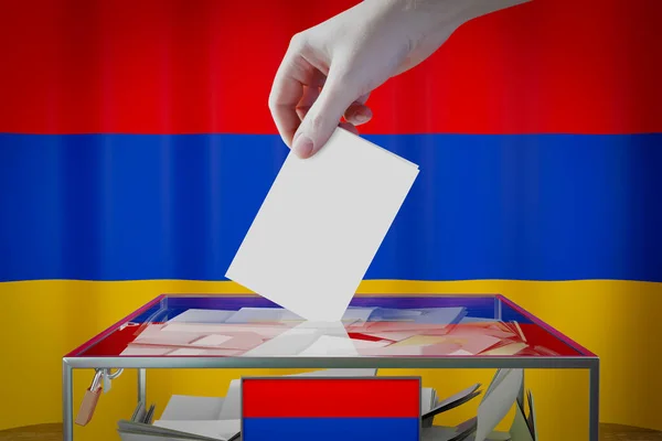 Armenia Bandiera Mano Cadere Scheda Elettorale Una Scatola Voto Concetto — Foto Stock