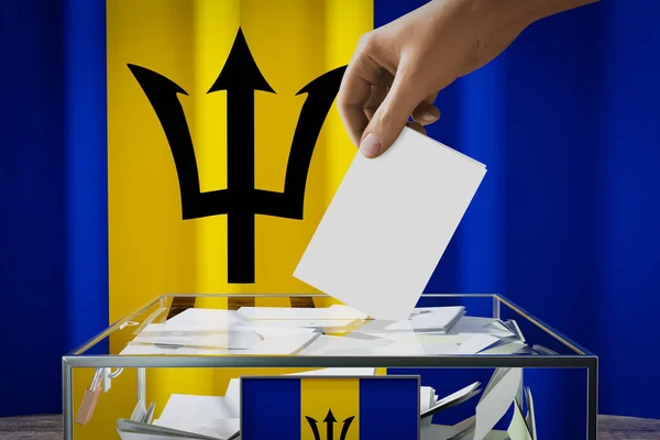 Bandera Barbados Mano Dejando Caer Tarjeta Votación Una Caja Votación — Foto de Stock