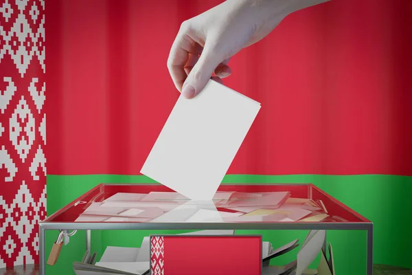 Weißrussland Flagge Hand Wirft Wahlkarte Eine Box Abstimmung Wahlkonzept Illustration — Stockfoto