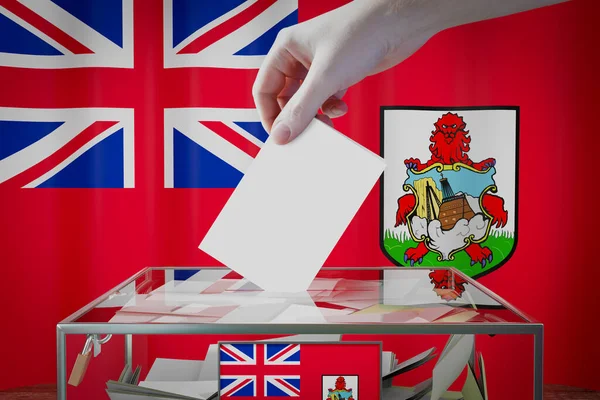 Bandera Las Bermudas Mano Dejando Caer Tarjeta Votación Una Caja — Foto de Stock