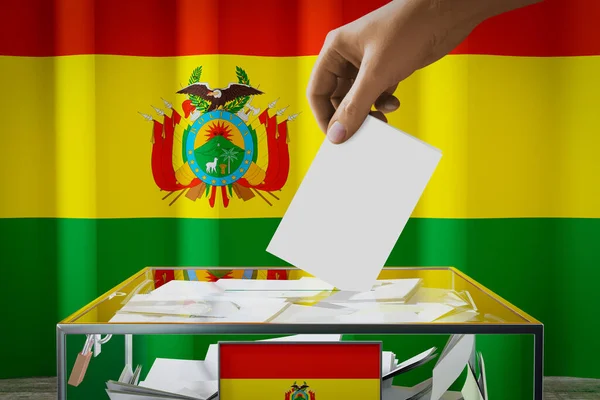 Bolivia Bandiera Mano Cadere Scheda Elettorale Una Scatola Voto Concetto — Foto Stock