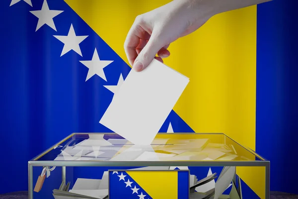 Flagge Von Bosnien Und Herzegowina Hand Wirft Wahlkarte Eine Box — Stockfoto