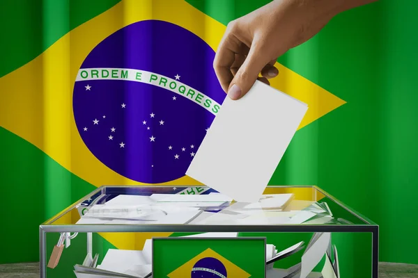 Brasile Bandiera Mano Cadere Scheda Elettorale Una Scatola Voto Concetto — Foto Stock