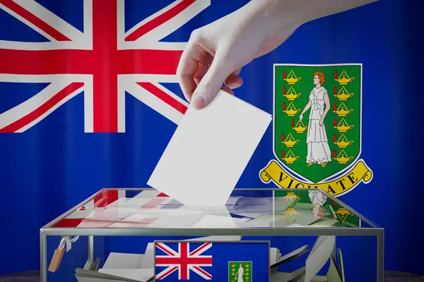 英属维尔京群岛国旗 手递选票进入投票箱 选举概念 3D说明 — 图库照片