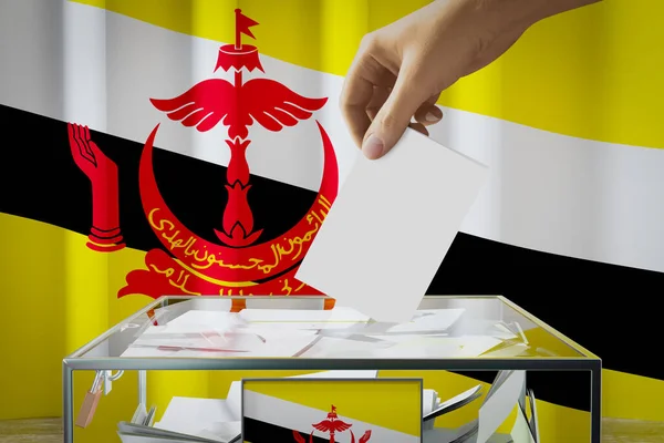 Brunei Flagga Hand Släppa Röstsedel Kort Låda Omröstning Val Koncept — Stockfoto