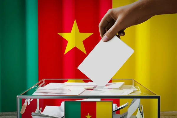 Cameroon Flag Hand Dropping Ballot Card Box Voting Election Concept — Stock Photo, Image