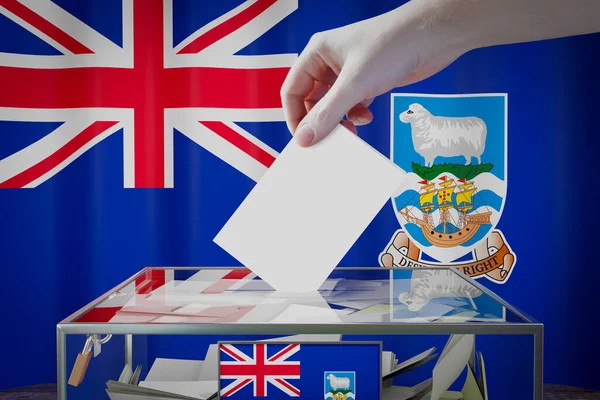 福克兰群岛国旗 手递选票进入投票箱 选举概念 3D说明 — 图库照片