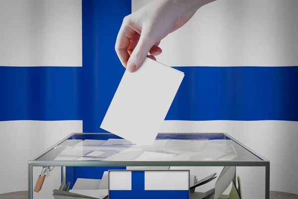 Finnland Fahne Hand Wirft Wahlkarte Eine Box Abstimmung Wahlkonzept Illustration — Stockfoto