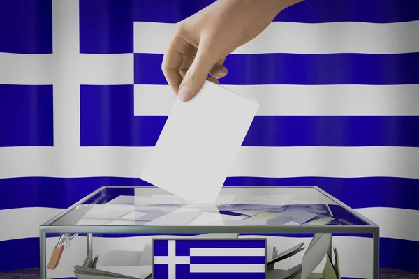 Σημαία Ελλάδας Χέρι Ρίχνοντας Την Κάρτα Ένα Κουτί Ψηφοφορία Εκλογική — Φωτογραφία Αρχείου