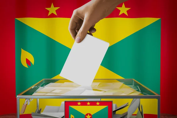Σημαία Γρενάδα Χέρι Ρίχνοντας Την Κάρτα Ένα Κουτί Ψηφοφορία Εκλογική — Φωτογραφία Αρχείου