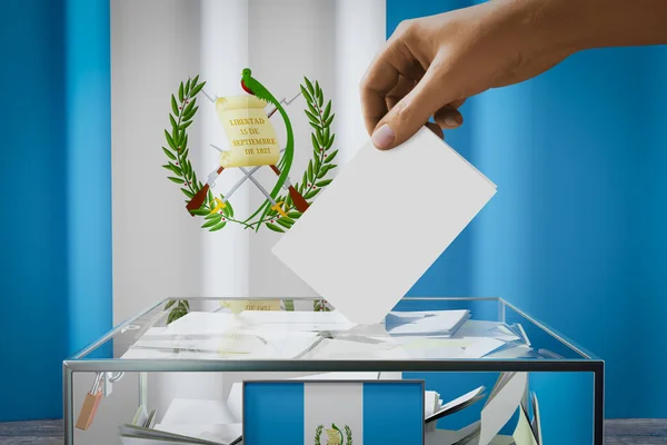 Σημαία Γουατεμάλας Χέρι Ρίχνοντας Την Κάρτα Ένα Κουτί Ψηφοφορία Εκλογική — Φωτογραφία Αρχείου