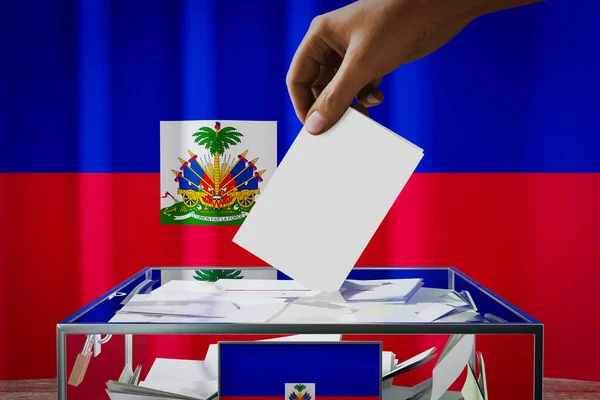 Bandiera Haiti Mano Cadere Scheda Elettorale Una Scatola Voto Concetto — Foto Stock