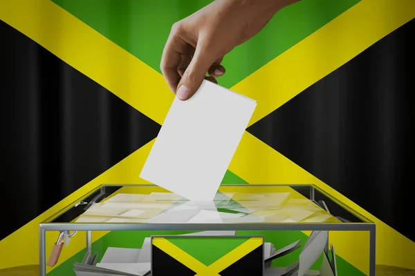 Bandeira Jamaica Mão Soltando Cartão Cédula Uma Caixa Votação Conceito — Fotografia de Stock