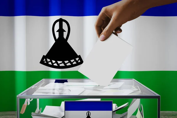 Drapeau Lesotho Dépôt Main Une Carte Vote Dans Une Boîte — Photo