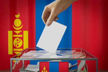 Moğolistan bayrağı, oy pusulasının kutuya atılması - oy kullanma, seçim konsepti - 3 boyutlu illüstrasyon