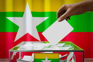 Myanmar bayrağı, oy pusulasını sandığa atmak - oy kullanma, seçim konsepti - 3 boyutlu illüstrasyon