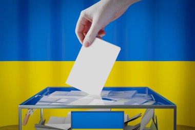 Ukrayna bayrağı, oy pusulasının kutuya atılması - oy kullanma, seçim konsepti - 3D illüstrasyon