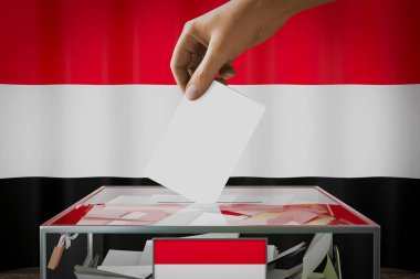 Yemen bayrağı, oy pusulasını sandığa atmak - oy kullanma, seçim konsepti - 3 boyutlu illüstrasyon