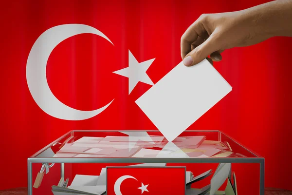 Bandera Turquía Mano Dejando Caer Tarjeta Votación Una Caja Votación — Foto de Stock