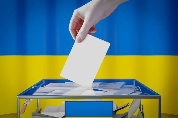 Drapeau Ukraine Dépôt Main Une Carte Vote Dans Une Boîte — Photo