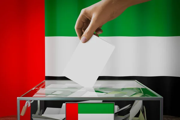 Флаг Объединённых Арабских Эмиратов Вручение Избирательного Бюллетеня Коробку Голосование Избирательная — стоковое фото