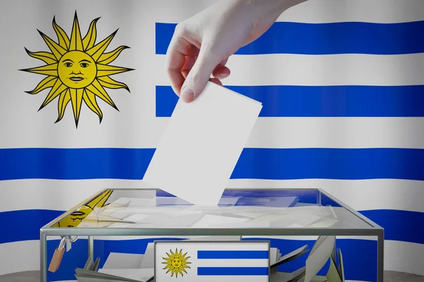 Σημαία Urugway Χέρι Ρίχνοντας Την Κάρτα Ένα Κουτί Ψηφοφορία Εκλογική — Φωτογραφία Αρχείου