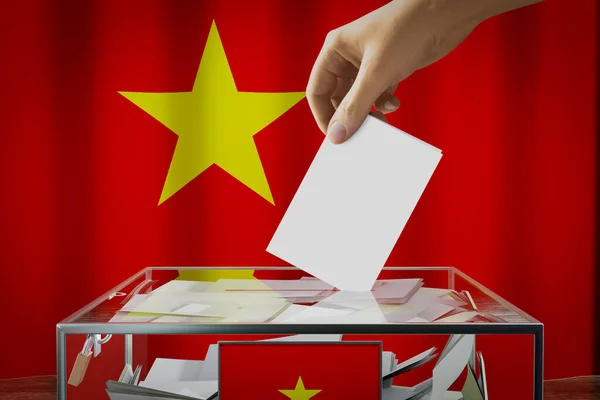 Vietnam Flag Hand Dropping Ballot Card Box Voting Election Concept — Stock Photo, Image