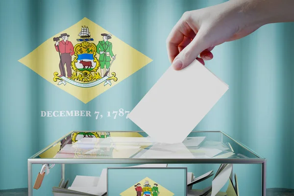 Delaware Flagga Hand Släppa Röstsedel Kort Ruta Omröstning Val Koncept — Stockfoto