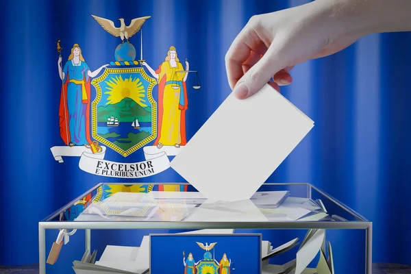New York Flag Hand Dropping Ballot Card Box Voting Election — Stock Photo, Image