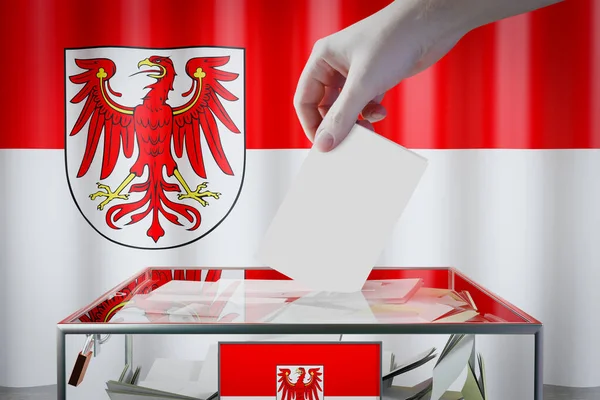 Bandera Brandeburgo Mano Dejando Caer Tarjeta Votación Una Caja Votación — Foto de Stock