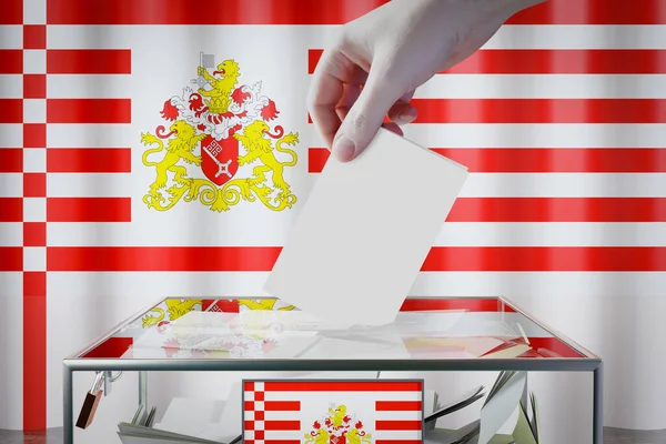 不来梅国旗 手投出选票卡进入箱式投票 选举在德国的概念 3D说明 — 图库照片