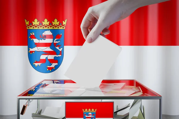 Bandera Hesse Mano Dejando Caer Tarjeta Votación Una Caja Votación — Foto de Stock